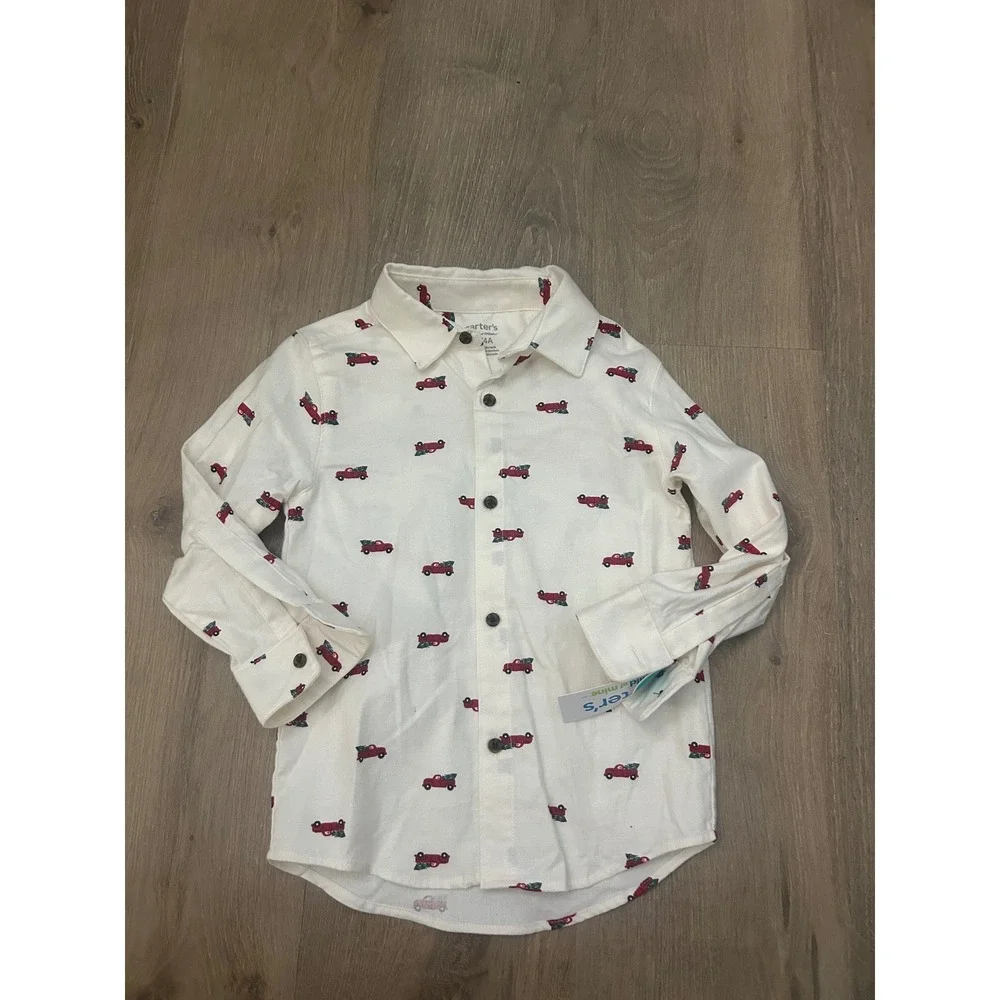 Carter's White Red Truck Button Down Shirt Boys 4T Christmas Holiday Long Sleeve